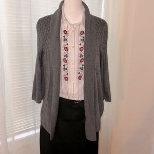 KENAR L Charcoal Gray Knit Open Front Shawl Collar Quarter Sleeve Cardigan